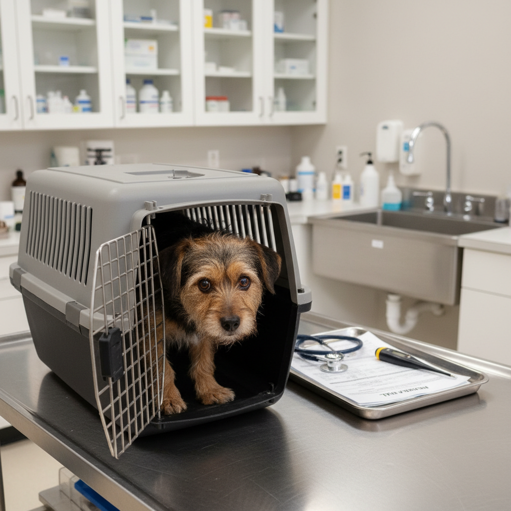 Photorealistic scene showing the process of safe animal intake at a professional shelter, without any humans. In the foreground, a sturdy, open transport crate sits on a clean examination table, with a small, nervous-looking mixed-breed dog just stepping out, its fur slightly matted but eyes alert. Nearby, organized equipment—stethoscope, digital thermometer, and labeled but unreadable forms—rests on a tray. The background reveals cabinets with neatly arranged medical supplies and a sink. Overhead clinical lighting is softened to avoid harshness, giving a clear but compassionate feel. Shot from a slightly elevated three-quarter angle, the image emphasizes professionalism, safety, and the careful, step-by-step process every rescued animal experiences upon arrival.